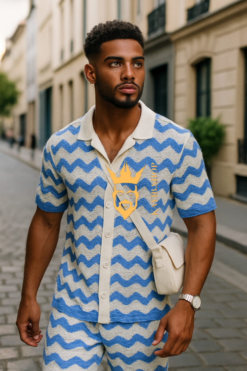 Trendy Knitted Wool Shirt with Wave Pattern & Collar set 2pcs