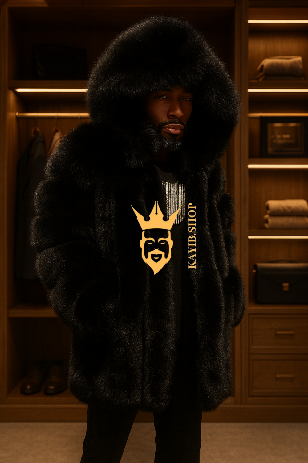 Luxury Men’s Black Fox Fur Hooded Coat – Winter Warm Jacket Outerwear