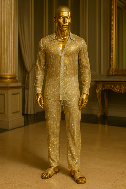 Men’s Luxury Champagne Gold Lace Set – Beaded & Sequined Mesh Embroidered Shirt and Pants