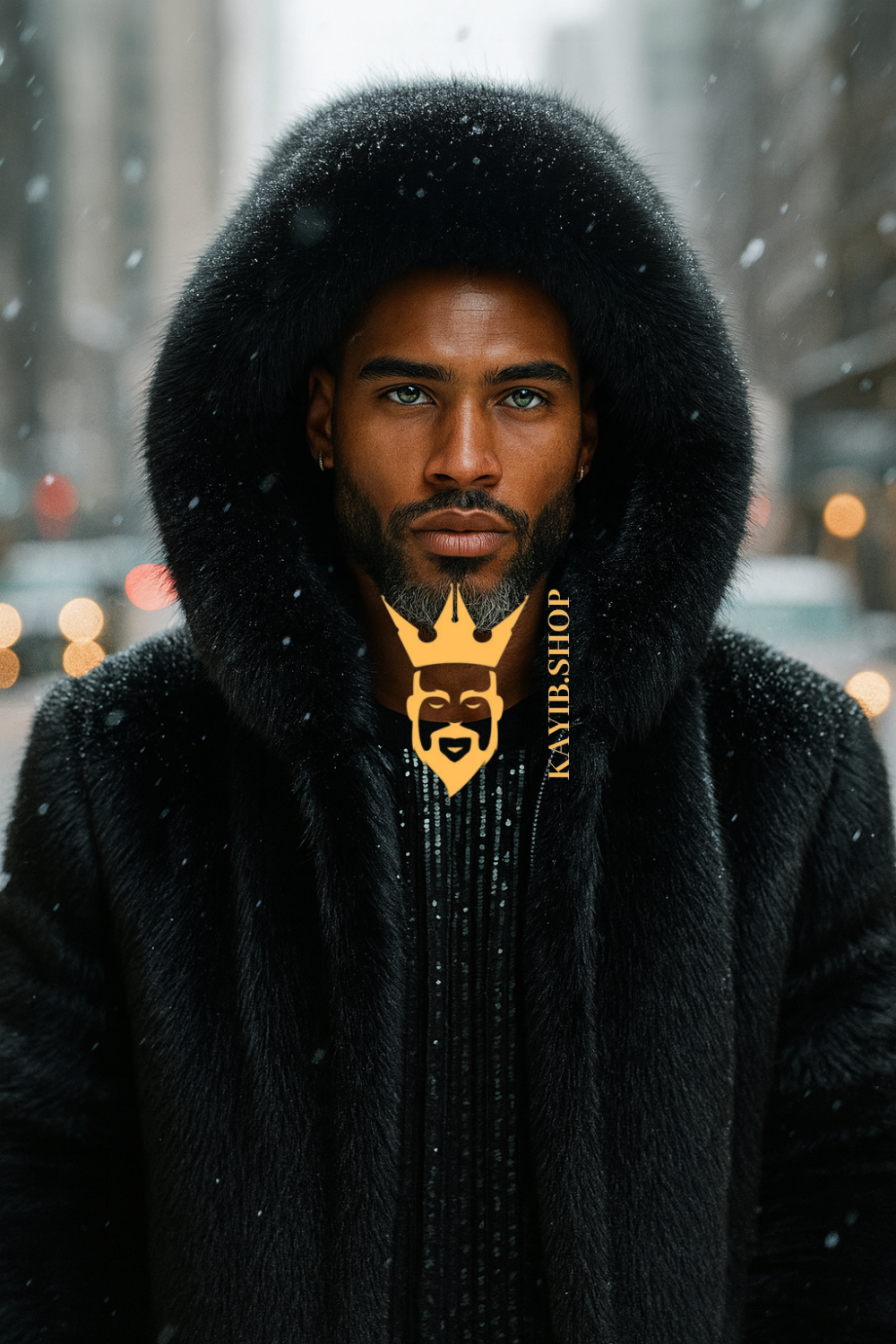Luxury Men’s Black Fox Fur Hooded Coat – Winter Warm Jacket Outerwear