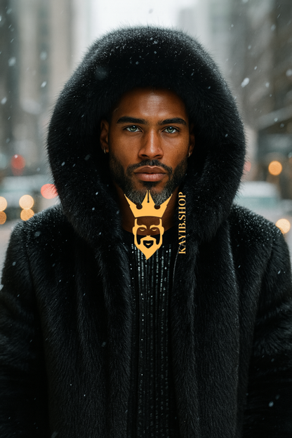Luxury Men’s Black Fox Fur Hooded Coat – Winter Warm Jacket Outerwear