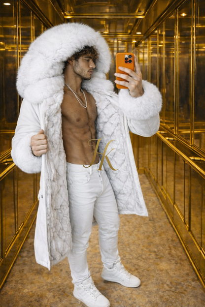 Men’s Luxury White Fox Fur Parka – Waterproof Long Winter Coat
