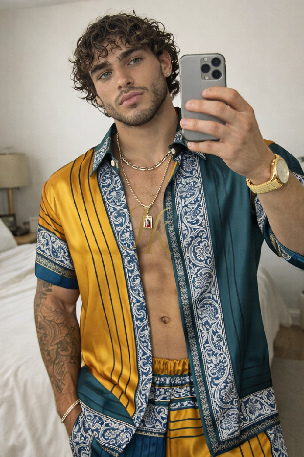 Mediterranean Silk Set – Men’s Luxury Shirt & Shorts Ensemble - kayibstrore