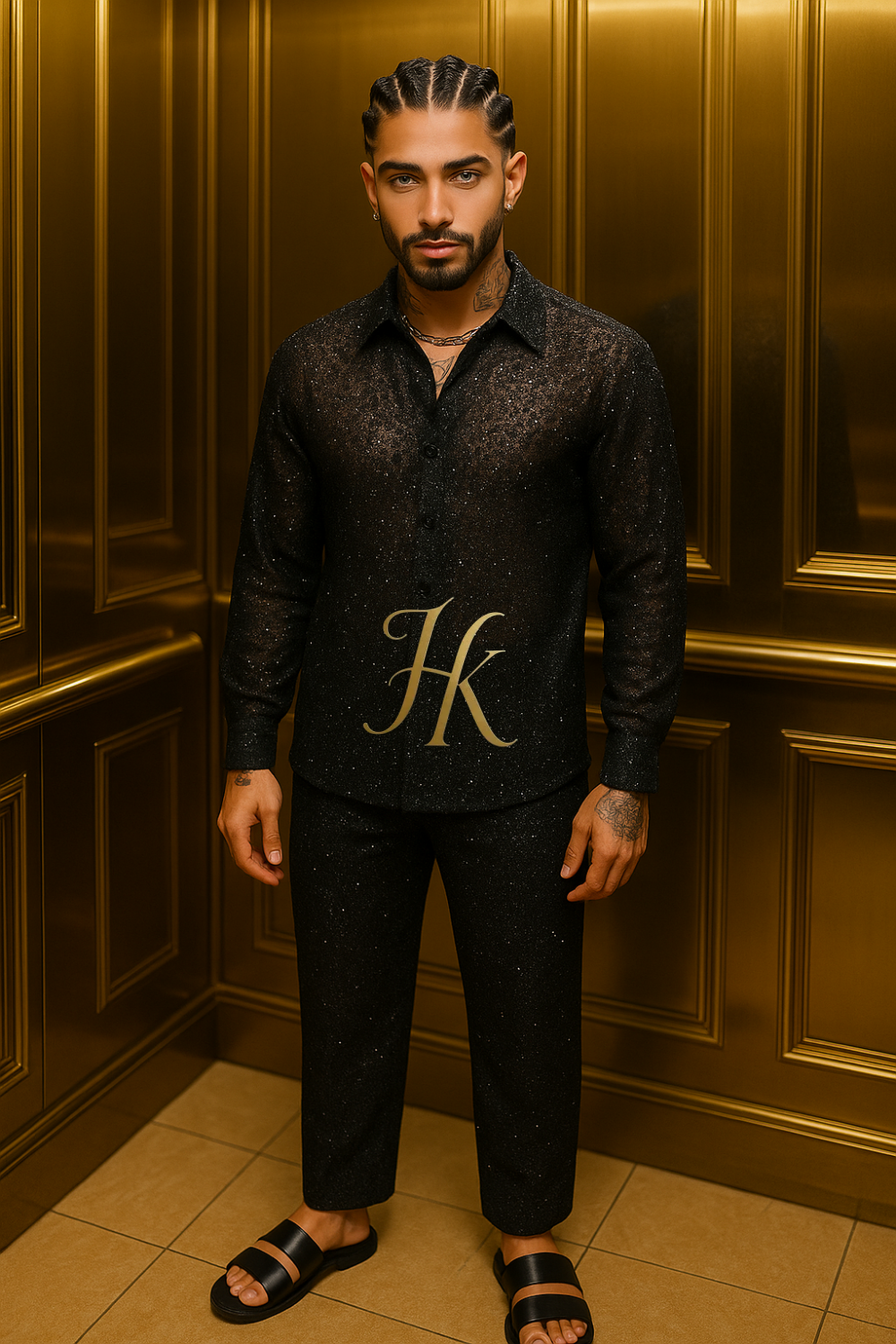 Men’s Premium Lace Set – French Tulle with Sequins & Beaded Embroidery Shirt and Pants