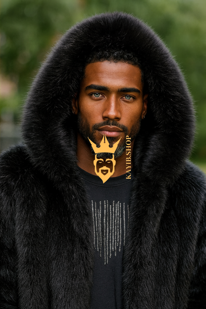 Luxury Men’s Black Fox Fur Hooded Coat – Winter Warm Jacket Outerwear