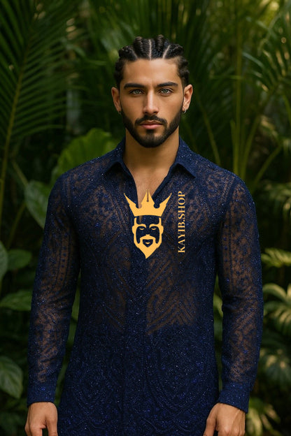 Men’s Luxury Lace Set – French Tulle with Sequins & Beaded Embroidery Shirt and Pants