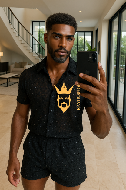 Men’s 2-Piece Set – Shirt & Shorts in Luxury Lace Mesh with Sequin and Beaded Embroidery