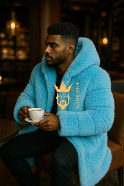 Men’s Light Blue Long Fox Fur Coat – Genuine Natural Fur Luxury Winter Outwear