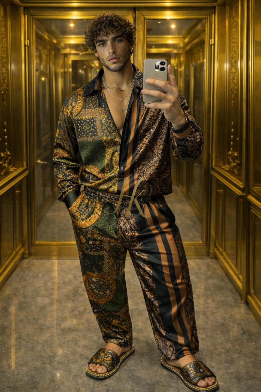 Men’s Luxury Contrast Silk Ensemble – Shirt & Pants Set - kayibstrore