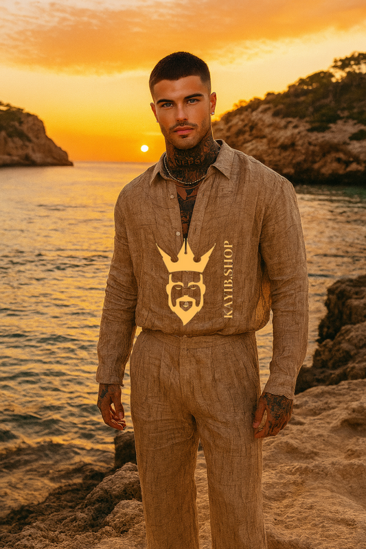 Men’s Vintage Artistic Set – Brown Artificial Silk Linen Texture Cardigan Shirt & Pants