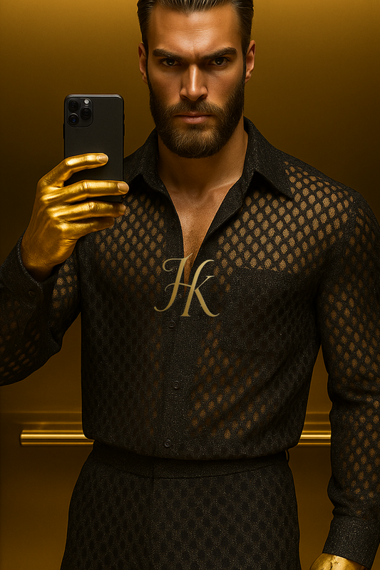 Men’s Metallic Mesh Outfit Set – 3D Foil Textured Shirt & Pants in Luxury Interwoven Fabric