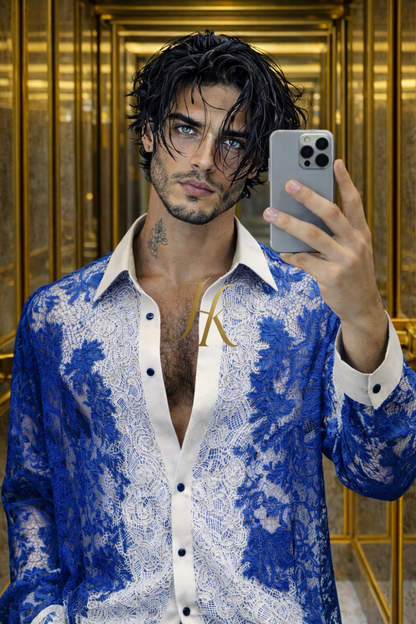 Men’s Elegant Lace & Cotton Set – Long Sleeve Shirt with Tailored Pants