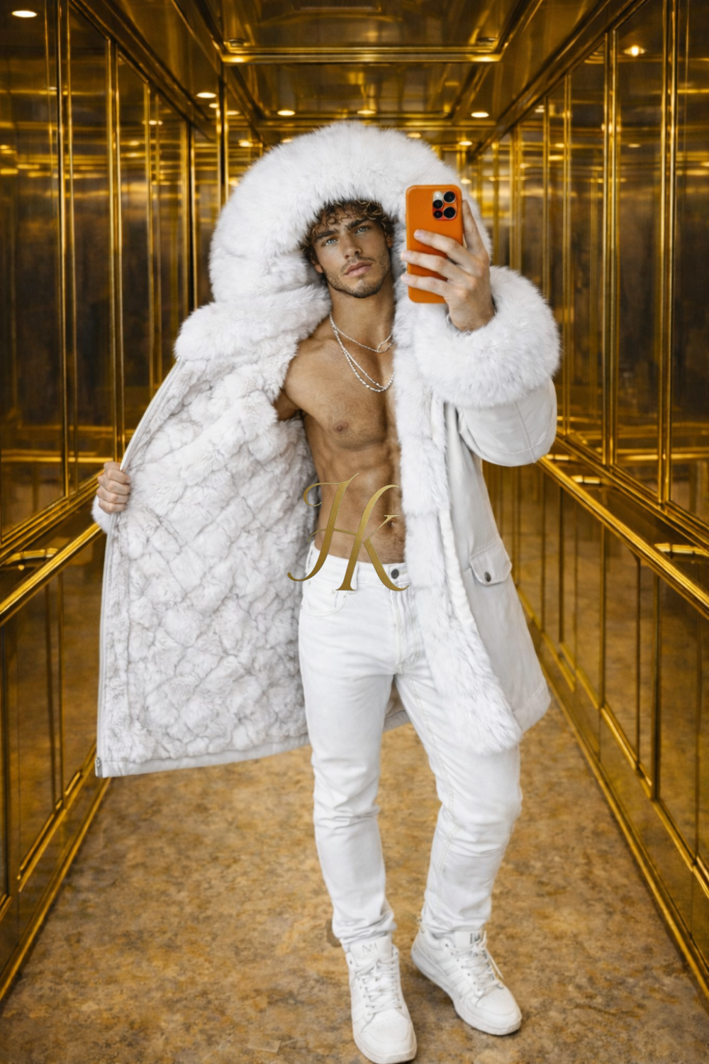 Men’s Luxury White Fox Fur Parka – Waterproof Long Winter Coat