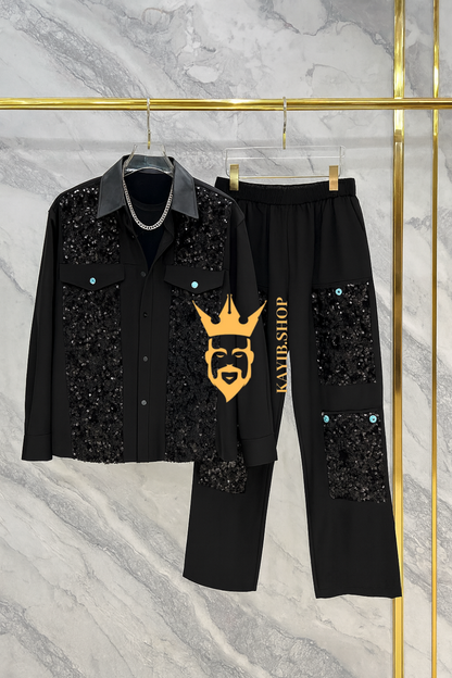 Men’s Glitter Splicing Shirt & Pants Set – Casual Two-Piece Outfit