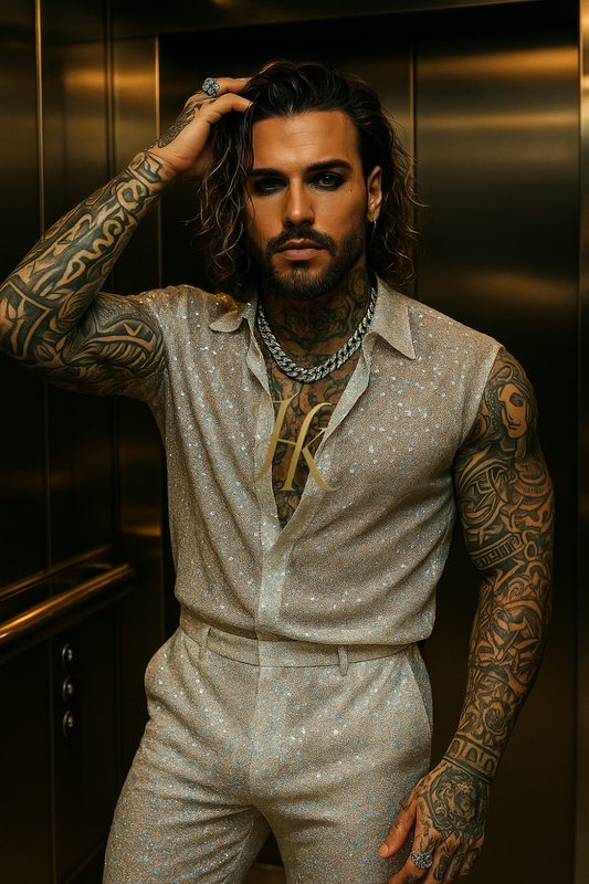 Men’s Premium Embroidered Lace Set – Handmade Beaded Net Fabric with Sequins