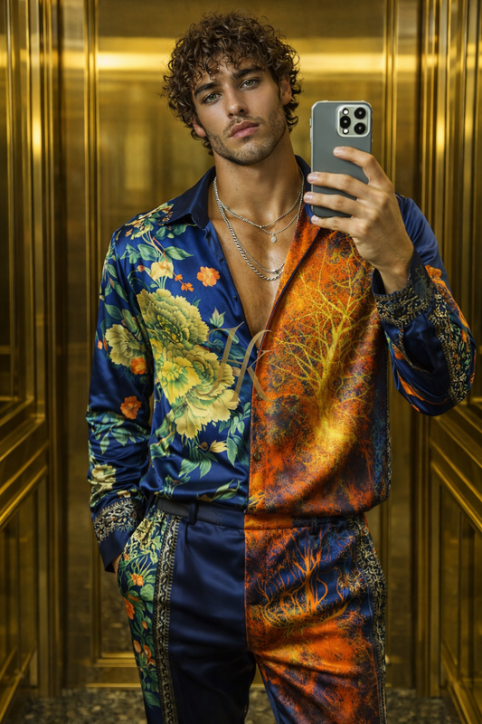 Men’s Premium Silk Ensemble – Wide-Leg Pants & Shirt - kayibstrore