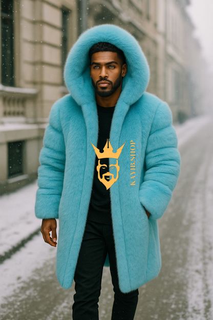 Men’s Light Blue Long Fox Fur Coat – Genuine Natural Fur Luxury Winter Outwear
