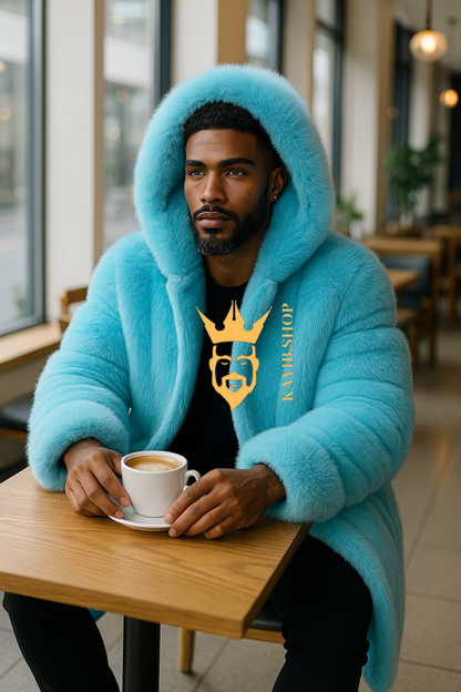 Men’s Light Blue Long Fox Fur Coat – Genuine Natural Fur Luxury Winter Outwear