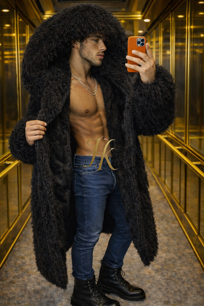 Men’s Luxury Real Mongolian Sheepskin Fur Coat – Extra Long 130 cm Hooded Winter Overcoat