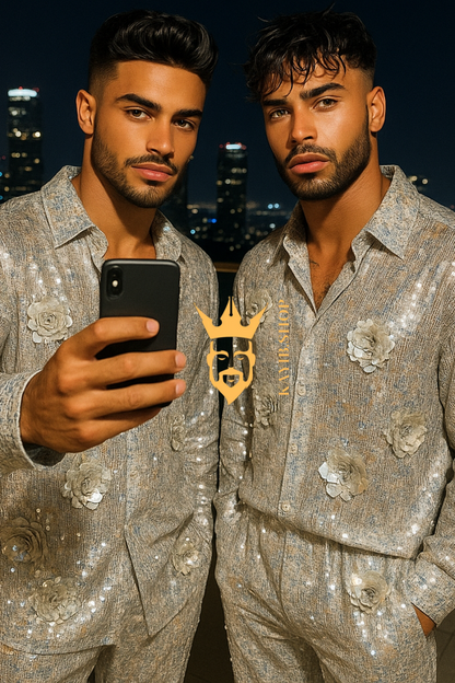 Men’s Luxury Silver Sequin Lace Set – Handmade Embroidered Net Fabric Shirt & Pants