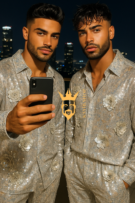Men’s Luxury Silver Sequin Lace Set – Handmade Embroidered Net Fabric Shirt & Pants