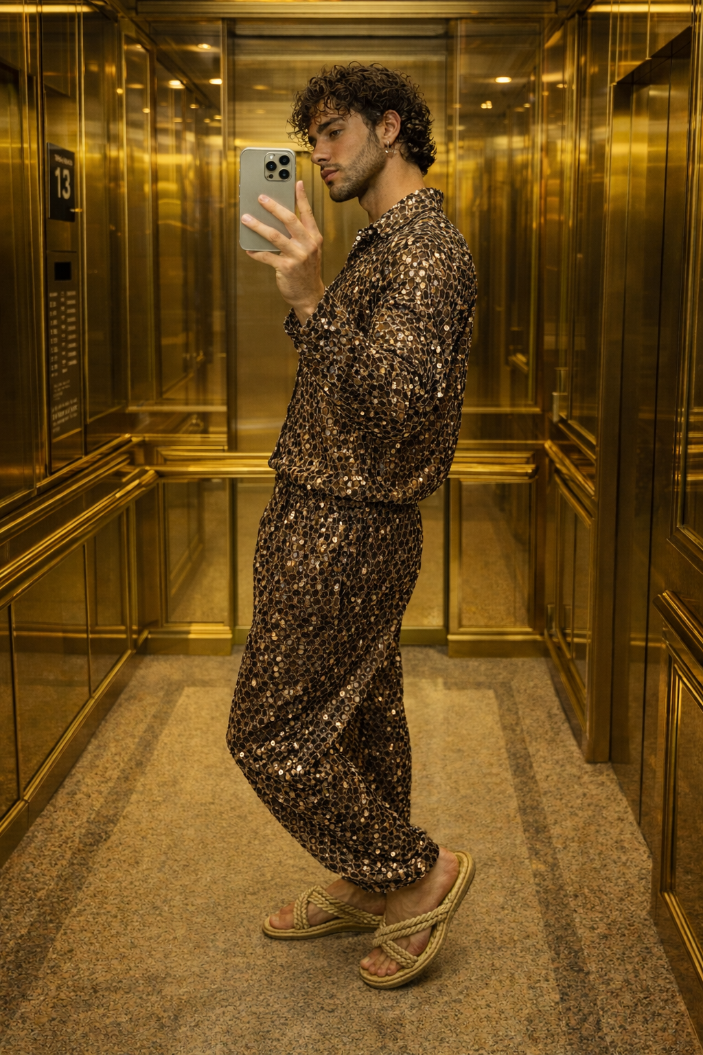 Velour Nights Mesh Shirt – Champagne Gold Elegance