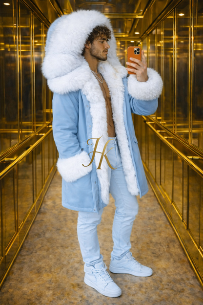 MEN’S LUXURY FOX FUR PARKA – ICE BLUE EDITION