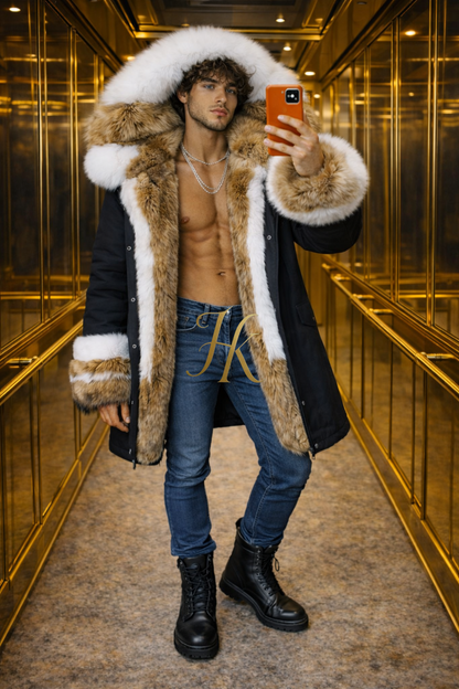 MEN’S LUXURY FOX FUR PARKA – BLACK & WHITE EDITION