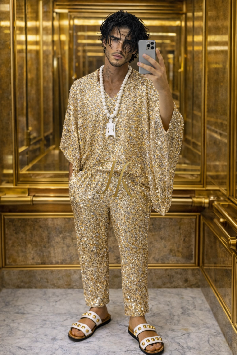 Men’s Luxury Gold Ensemble – Statement Top & Tailored Pants