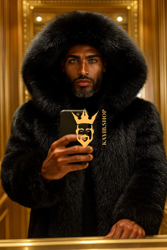Luxury Men’s Black Fox Fur Hooded Coat – Winter Warm Jacket Outerwear
