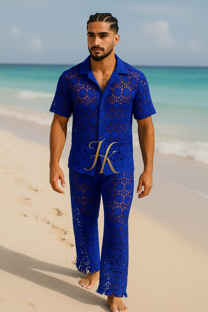 Men’s Luxury Embroidered Set – Water-Soluble Sequin Cotton Lace Shirt & Pants