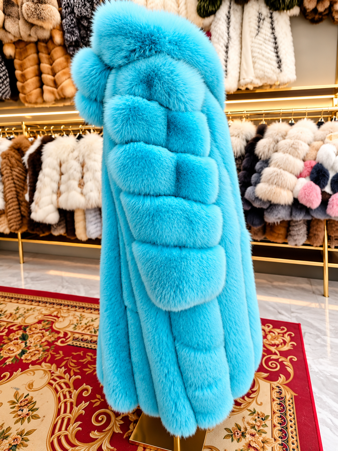 Premium Light Blue Long Fox Fur Coat – Genuine Natural Fur Winter Outwear