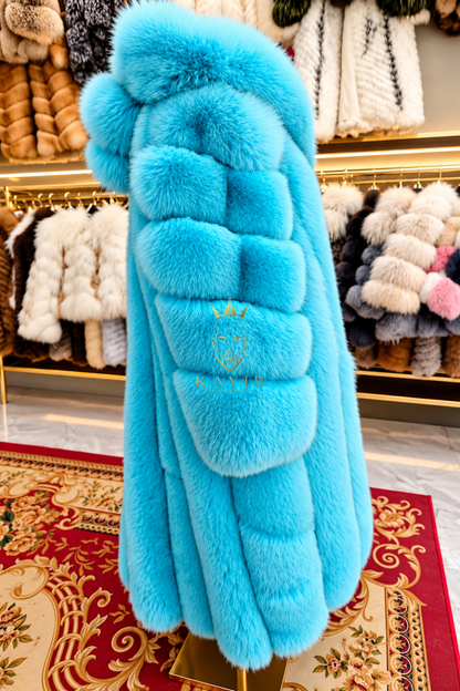 Men’s Light Blue Long Fox Fur Coat – Genuine Natural Fur Premium Winter Outwear