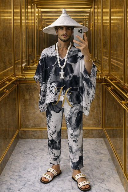 Men’s Refined Silk Ensemble – Long Sleeve Top & Tailored Pants