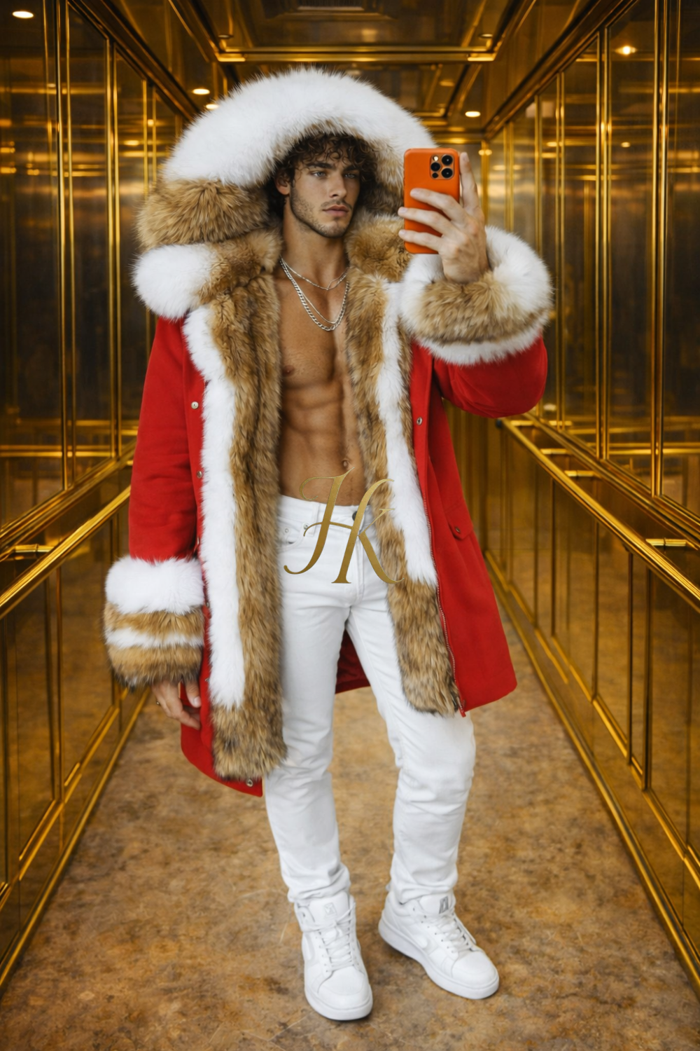 MEN’S LUXURY FOX FUR PARKA – RED & WHITE EDITION