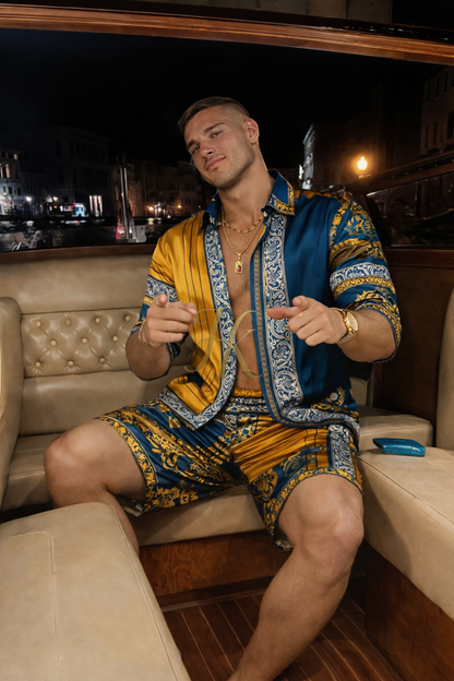 Mediterranean Silk Set – Men’s Luxury Shirt & Shorts Ensemble - kayibstrore