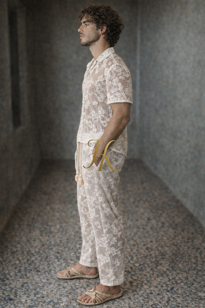 Ivory Lace Summer Set – Men’s Shirt & Pants Ensemble