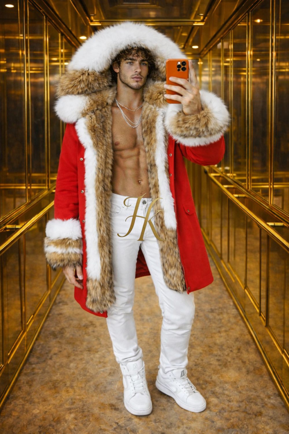 MEN’S LUXURY FOX FUR PARKA – RED & WHITE EDITION