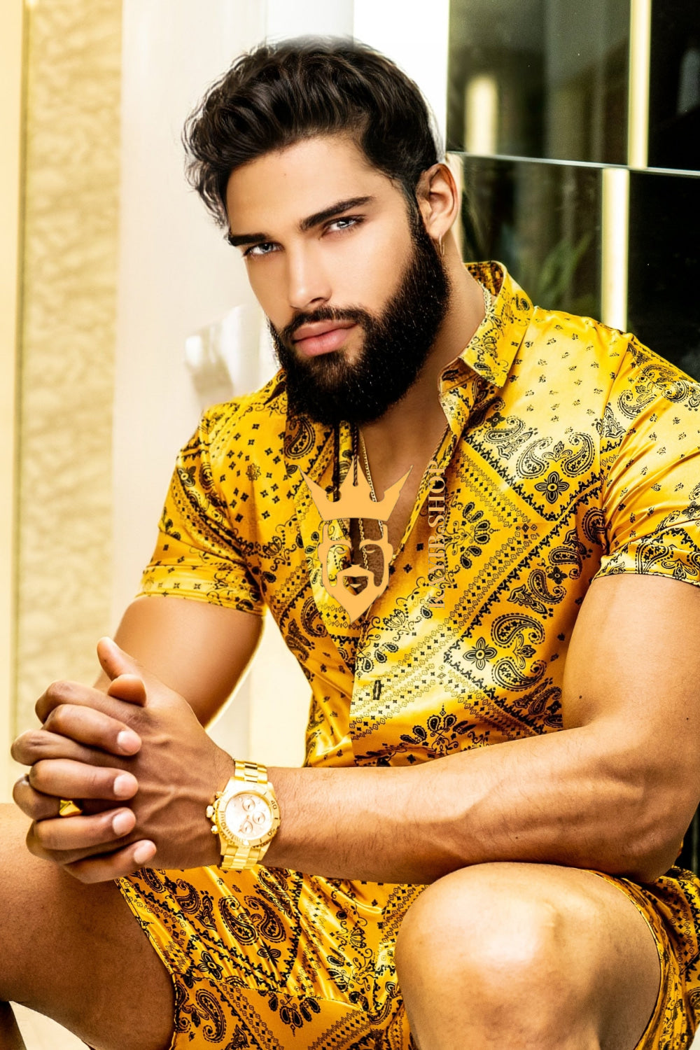 Gold Luxurious Barocco Print Set - The Ultimate Summer Silk Outfit for Men