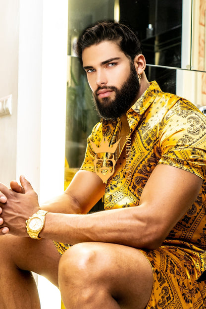 Gold Luxurious Barocco Print Set - The Ultimate Summer Silk Outfit for Men