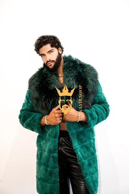 Handmade Luxury Winter Men's Rex Rabbit Fur Coat with Super Large Raccoon Collar - Premium Fashion coat