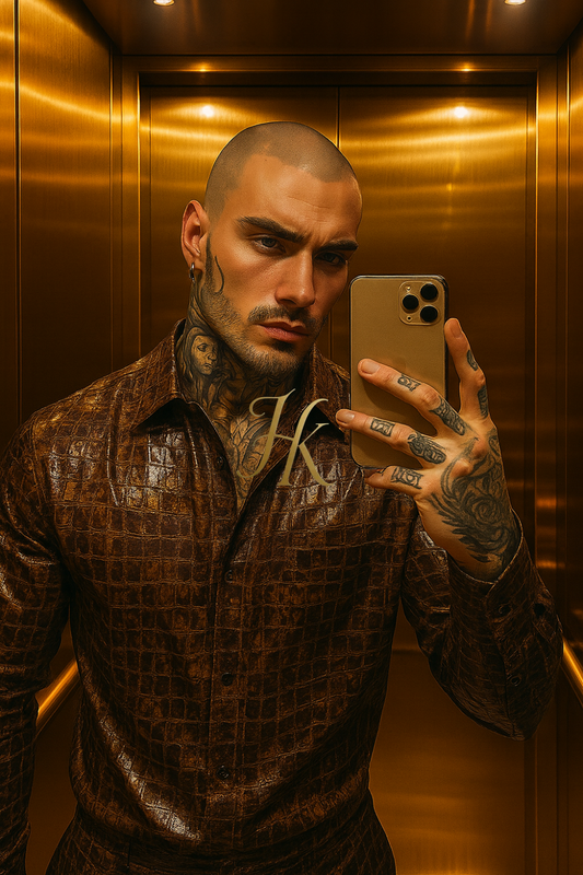Men’s Metallic Snake Print Set – Punk Style Glossy Coated Shirt & Pants