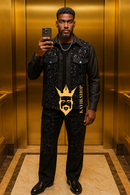 Men’s Glitter Splicing Shirt & Pants Set – Casual Two-Piece Outfit