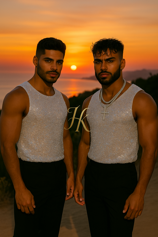 Men’s Luxury Silver Sequin Embroidered Top – Designer Tulle Gauze Fabric