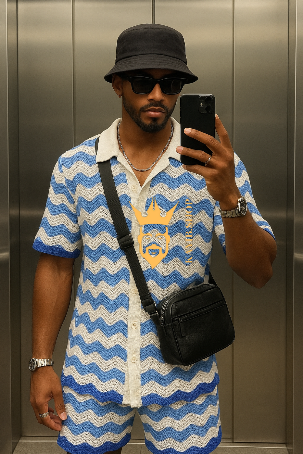 Trendy Knitted Wool Shirt with Wave Pattern & Collar set 2pcs