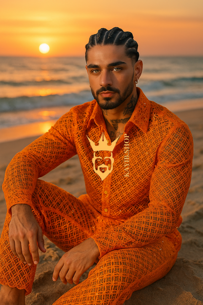 Men’s Luxury Lace Set – High-Quality Water-Soluble Sequin Embroidered Shirt & Pants