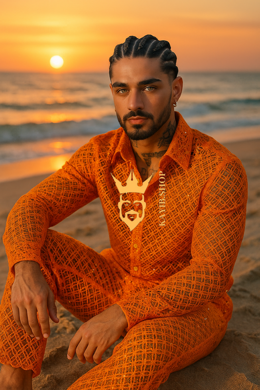 Men’s Luxury Lace Set – High-Quality Water-Soluble Sequin Embroidered Shirt & Pants