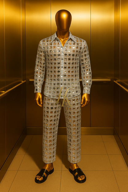 Men’s Luxury Embroidered Lace Set – French & European Beaded Fabric with Silver Sequins