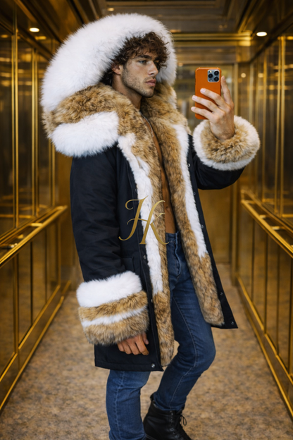 MEN’S LUXURY FOX FUR PARKA – BLACK & WHITE EDITION