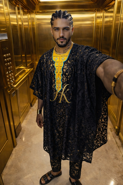 Yoruba Majesty: 2 Piece Men's African Dress Set in Regal Black